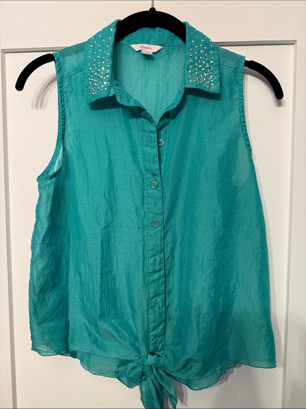 Candie's Teal Sleeveless Button-Down Tie-Front Top with Studded Collar